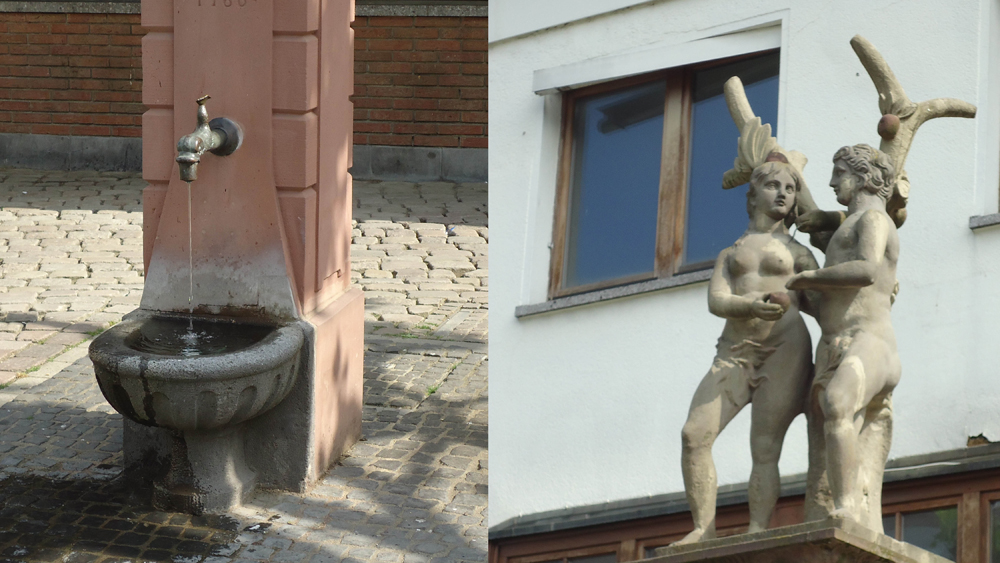 Brunnenbecken des Paradiesbrunnens (links) und Brunnenfigur 'Adam und Eva' (rechts)