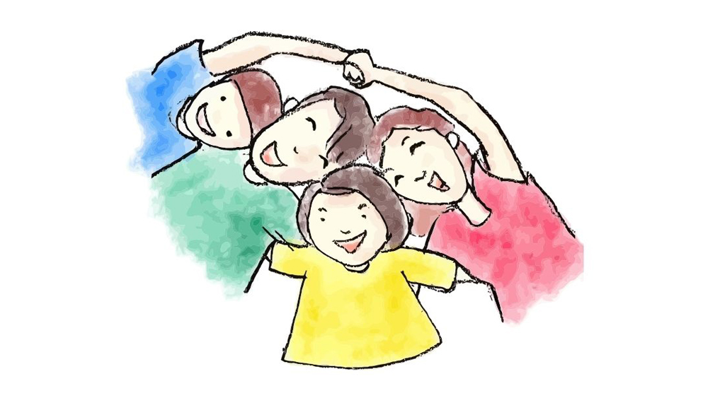 Illustration von vier Kindern und Jugendlichen in bunter Kleidung
