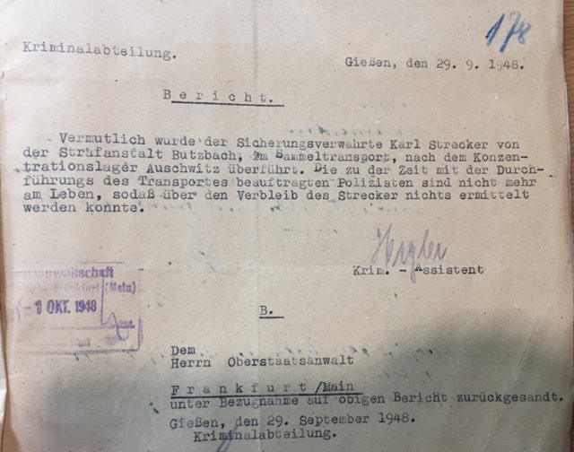 Bericht der Kripo Gießen zum Verbleib von Karl Stecker, 1948
