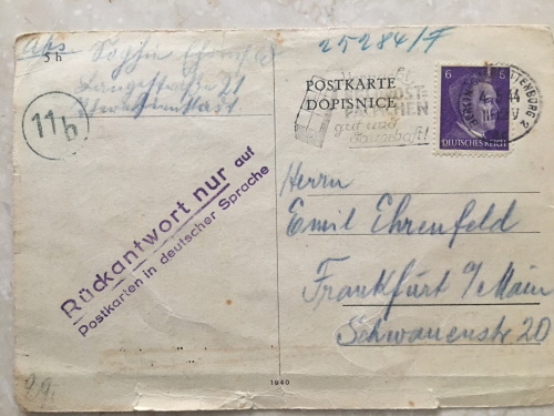 Postkarte von Lina Rosenthal aus Theresienstadt