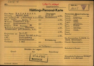 Häftlingskarte von Karl Rudolf Reinhardt aus dem KZ Buchenwald