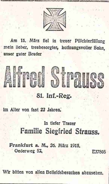 Todesanzeige für Alfred Strauss