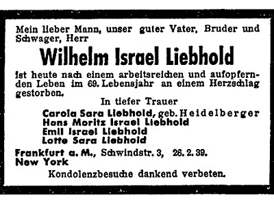 Todesanzeige im Jüdischen Nachrichtenblatt Berlin vom 3. März 1939