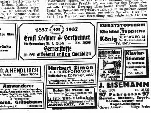 Geschäftsanzeige und Bekanntmachung. Goldenes Berufsjubiläum (aus: Gemeindeblatt der israelitischen Gemeinde Frankfurt am Main, Heft 9, Juni 1937, S. 16)
