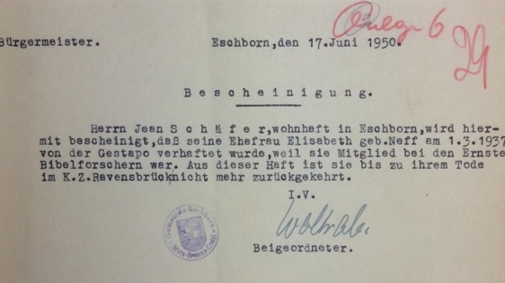 Haftbescheinigung der Gestapo für Elisabeth Schäfer