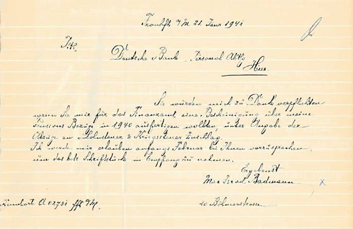 Letzter Brief von Max Badmanns an die Deutsche Bank, 21.1.1941