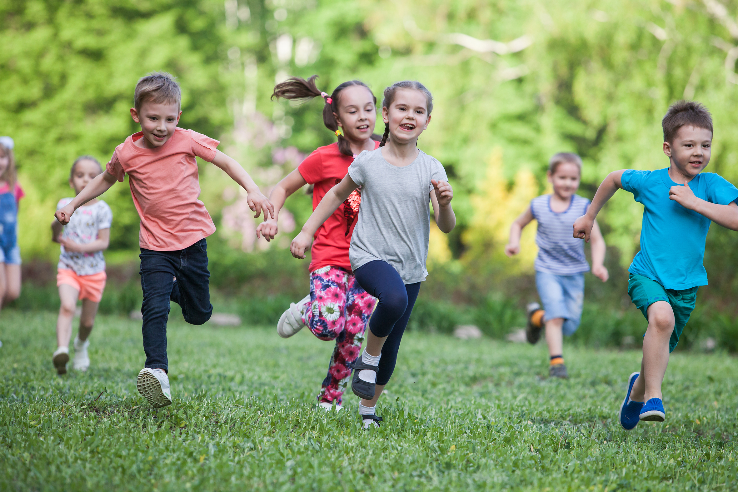 Eine Gruppe Kinder rennt über eine Wiese.