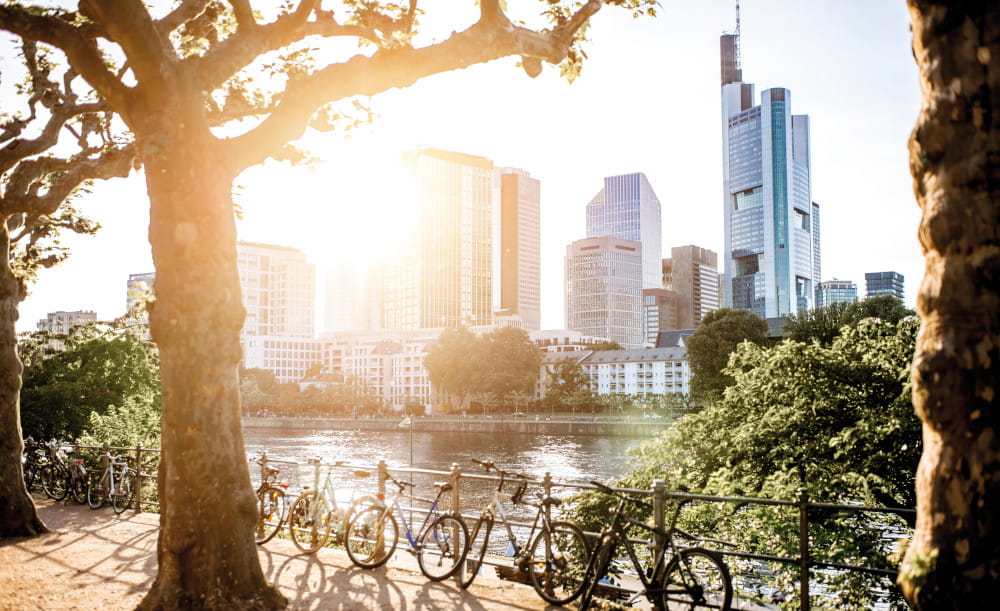 Ein sommerlicher Tag in Frankfurt. Die Sonne scheint auf die Skyline. An einem Geländer sind Fahrräder angeschlossen. Dahinter ist der Main zu sehen.