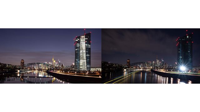 Die helle und die dunkle Skyline vor und zur Earth Hour 2021 in Frankfurt am Main. 
