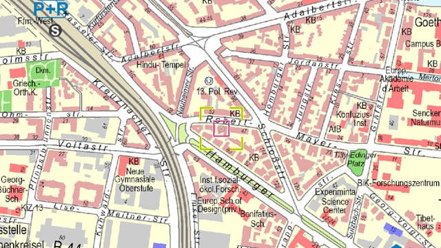 Darstellung von Frankfurts Schwerpunkt in der Stadtkarte