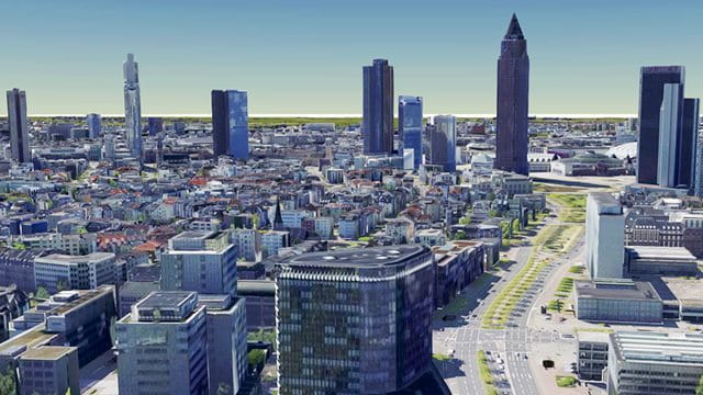 Der Blick vom Bahnhof auf den Messeturm im 3D-Stadtmodell. 