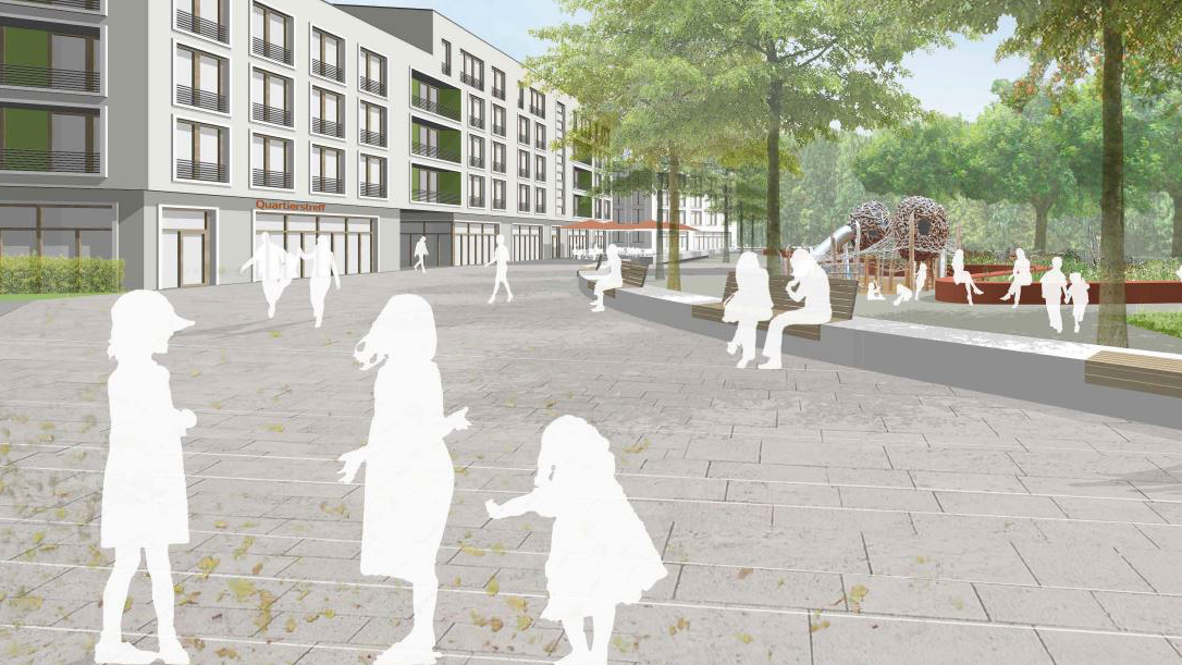 Visualisierung des neuen Quartiersplatzes im Projekt Nordöstlich Anne-Frank-Siedlung