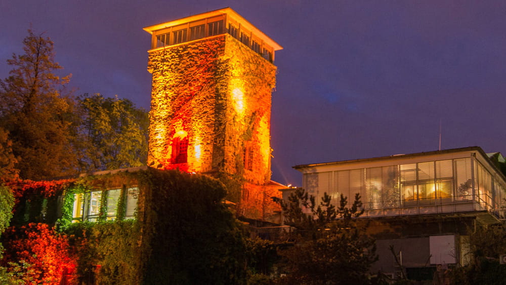 Der Turm des Exotariums im Frankfurter Zoo bei der Nacht der Museen bunt angestrahlt.