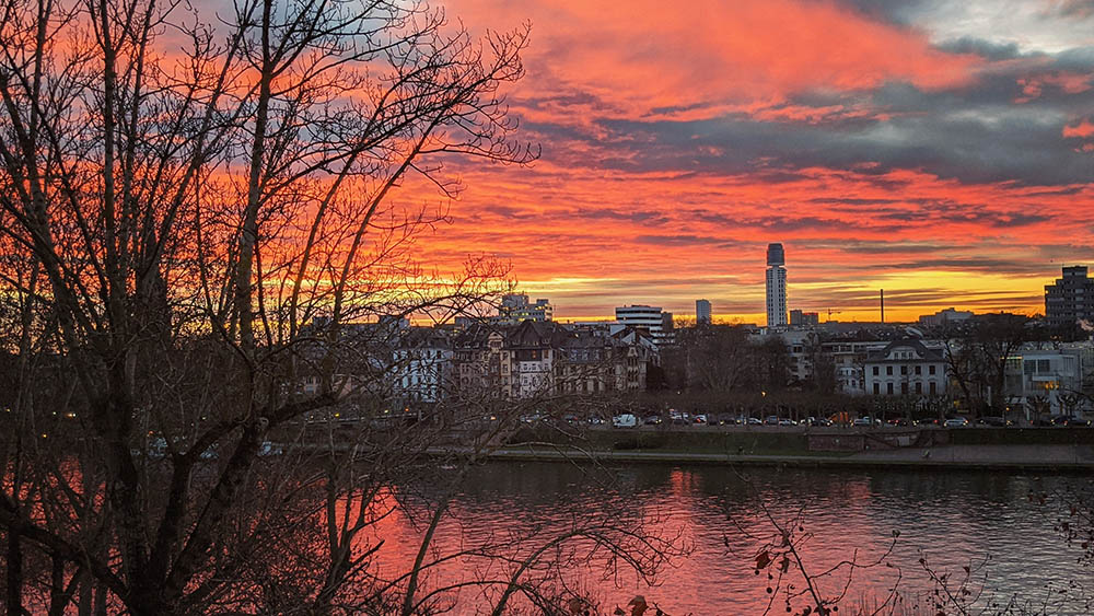 Wintermorgen mit rotem Himmel am Main in Frankfurt
