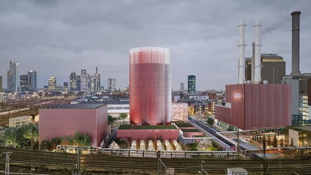 Grafik: Eine Visualisierung des Sieger-Entwurfs Ein Wärmespeicher vor der Frankfurter Skyline, Foto: Kölling Architekten BDA