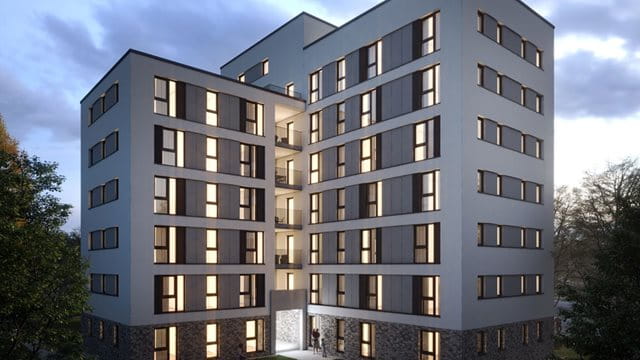 Geplantes Wohnheimgebäude mit 149 Plätzen auf dem Gelände des Friedrich-Dessauer-Hauses in Hausen Gebäude mit 149 Wohnungen, Foto: Bauverein Katholische Studentenheime