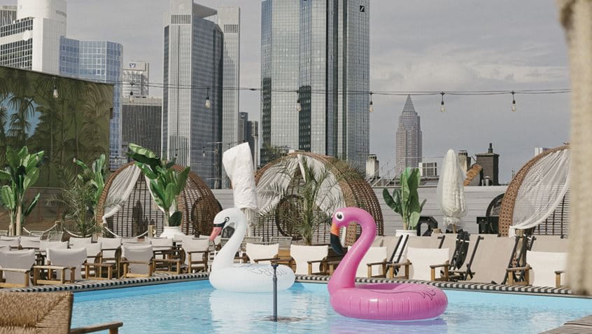 Ein aufblasbarer Schwan-Schwimmring und ein aufblasbarer Flamingo Schwimmring schwimmen im einer Rooftop-Bar in Frankfurt, Foto: ChrisChristes