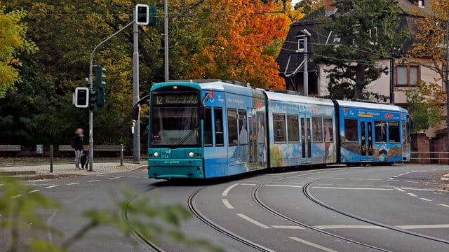 Eine Tram der Linie 12 passiert den Günthersburgpark