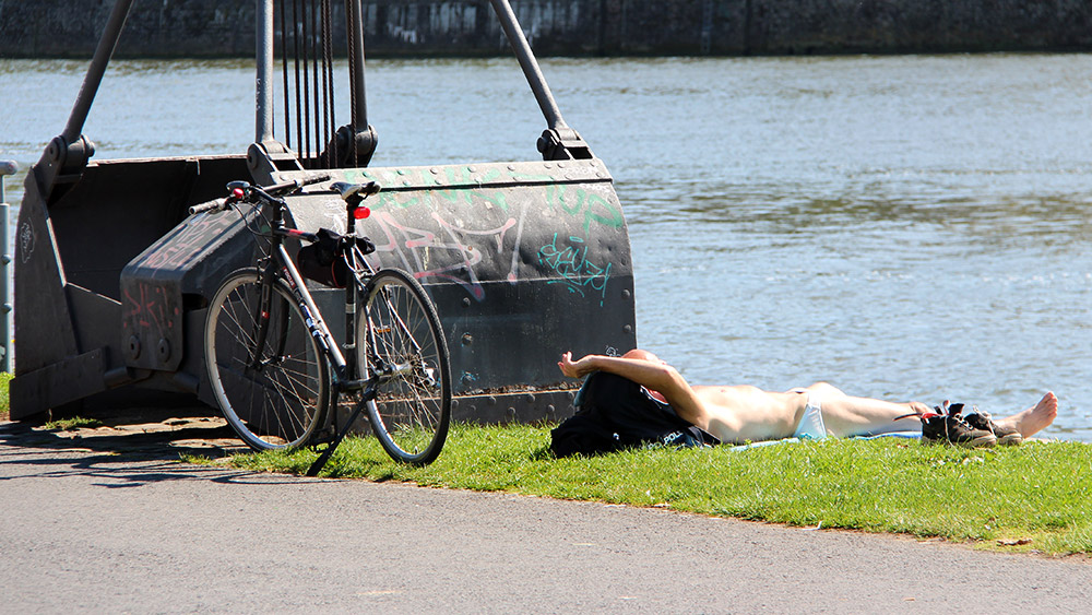 Sonnenanbeter: Ein Mensch liegt am Mainufer im Ostend und sonnt sich, (c) Stadt Frankfurt am Main, Foto: Stefan Maurer