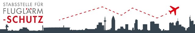 Logo der Stabsstelle für Fluglärmschutz: Ein Flugzeug fliegt über die Skyline Frankfurts
