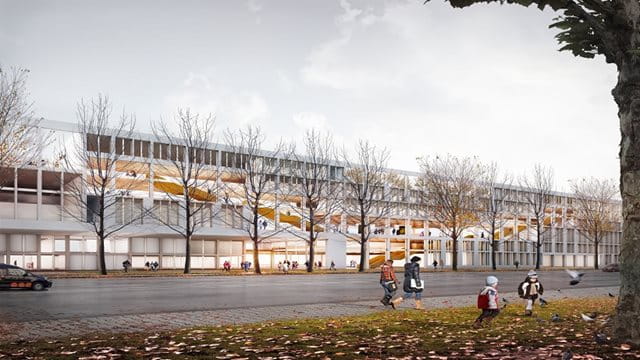 Plan Neubau Adorno-Gymnasium und Grundschule Geplanter Neubaus für das Adorno-Gymnasium und eine Grundschule. Die Abbildung zeigt die Außenansicht