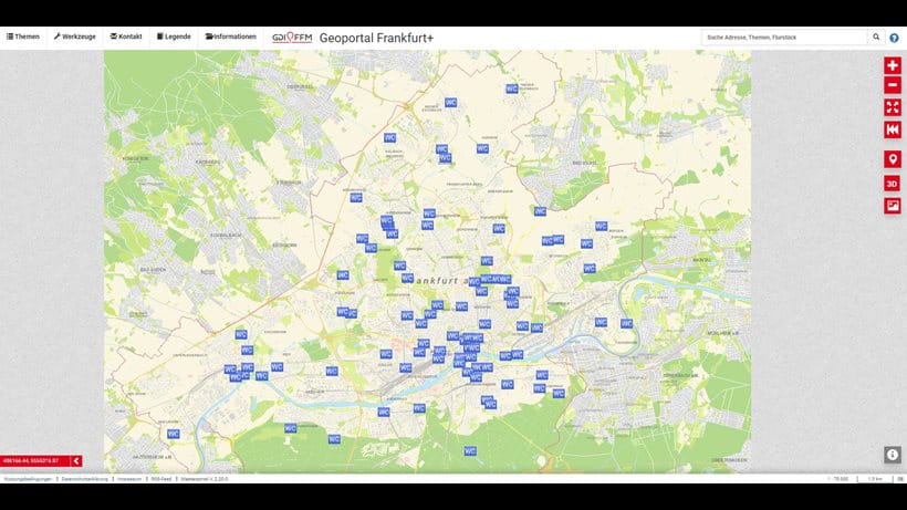Die Karte zeigt die Standorte aller öffentlichen Toiletten im Stadtgebiet im Online-Stadtplan an. 