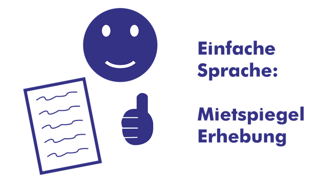 Informationen zur Mietspiegel-Erhebung in einfacher Sprache Symbolbild für einfache Sprache mit einer stilisierten Person, die ein Dokument hochhält und ein Daumen-Hoch-Zeichen gibt.