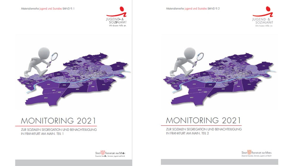 Cover der beiden Teile des Berichts 'Monitoring 2021 zur sozialen Segregation und Benachteiligung in Frankfurt am Main'