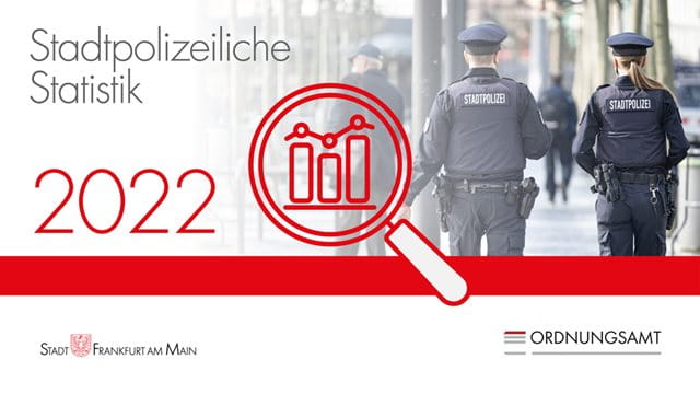 Startbild zur Stadtpolizeilichen Statistik 2022 - mit Lupen- und Statistiksymbol und zwei Polizist:innen.
