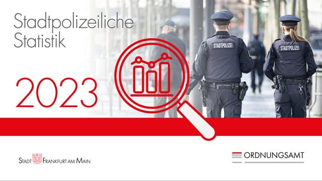 Titelbild der Stadtpolizeilichen Statistik 2023: Zwei Personen in Uniform von hinten mit Schriftzug Stadtpolizei sowie ein Lupen-Symbol auf eine Statistik