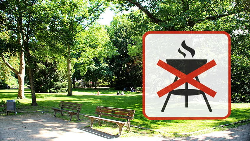Symbolbild für Grillverbot in Parks: Piktogram vor Parkaufnahme, Foto: Stefan Maurer, Piktogramm: Grünflächenamt