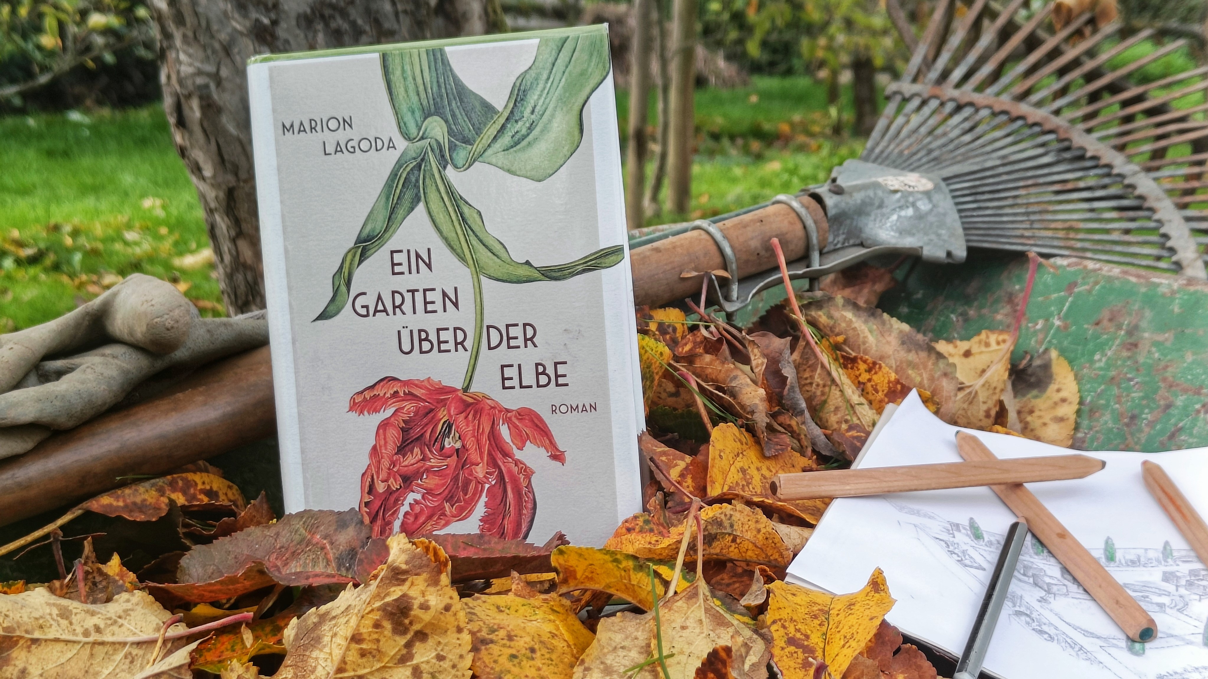 Das Buch "Ein Garten über der Elbe" auf einer Wiese, angelehnt an einen Rechen.