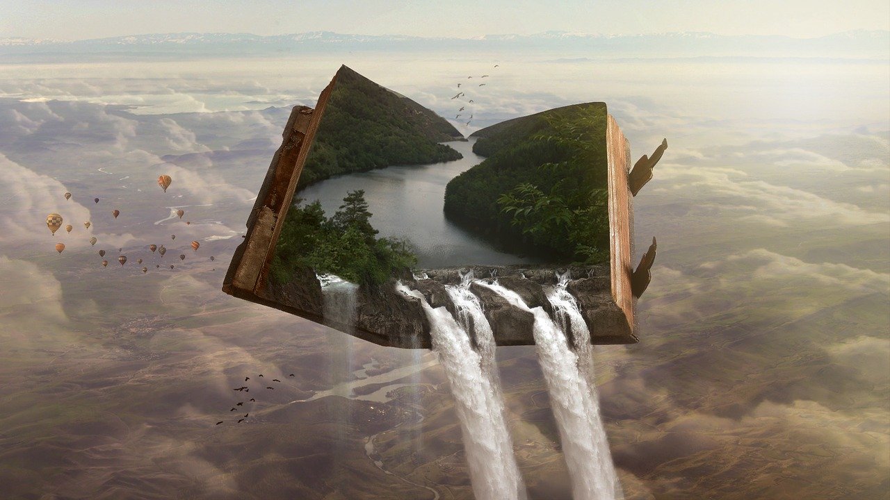 Fliegende Landschaft in Buchform über den Wolken