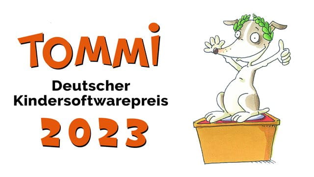 Schriftzug mit Hund: TOMMi Deutscher Kindersoftwarepreis 2023