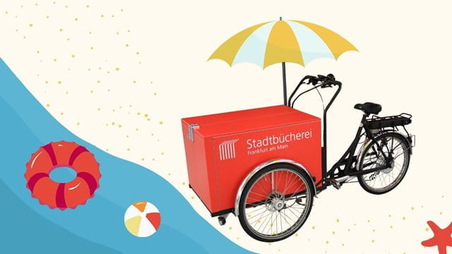 BiblioBike am Strand Das Lastenrad der Stadtbücherei, das BiblioBike, parkt an einem Strand. Im Wasser schwimmt ein Strandball.