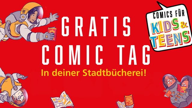 Gratis Comic Tag Eine Astronautin hält einen Comic in der Hand