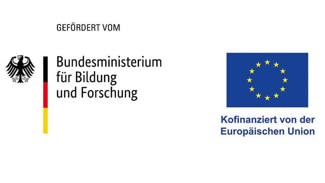 Zu sehen ist der Schriftzug "gefördert von". Darunter ist auf der linken Seite das Logo des Bundesministeriums für Bildung und Forschung und auf der rechten Seite das Logo der Europäischen Union mit dem Zusatz "Kofinanziert von der Europäischen Union"