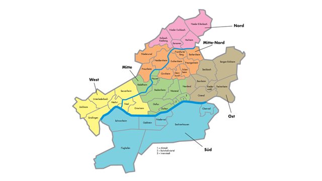 Eine schematische Karte von Frankfurt, in der alle Stadtteile eingezeichnet und den sechs Bildungsregionen (Nord, Mitte-Nord, Mitte, West, Ost und Süd) farbig zugeordnet sind.