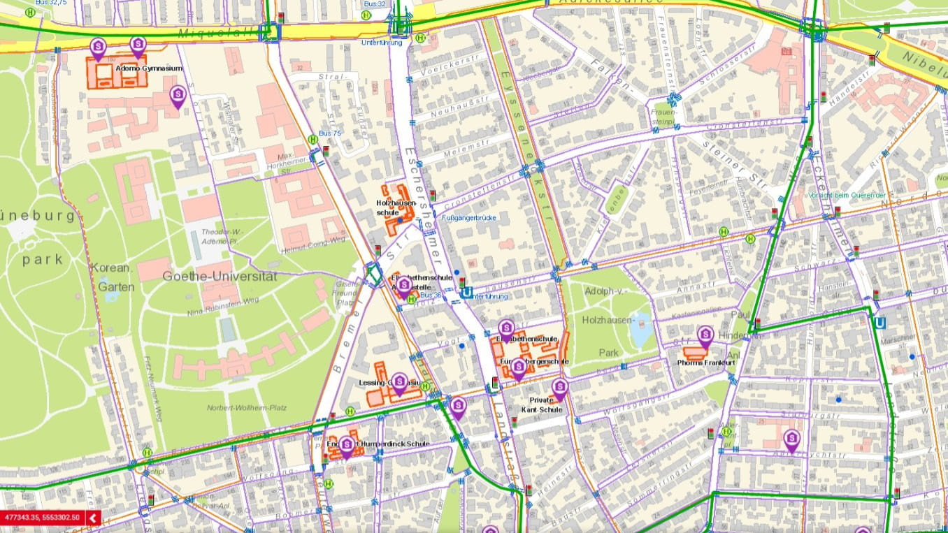 Ausschnitt aus dem Geoportal Frankfurt / Stadtkarte mit eingezeichneten Schulwegen