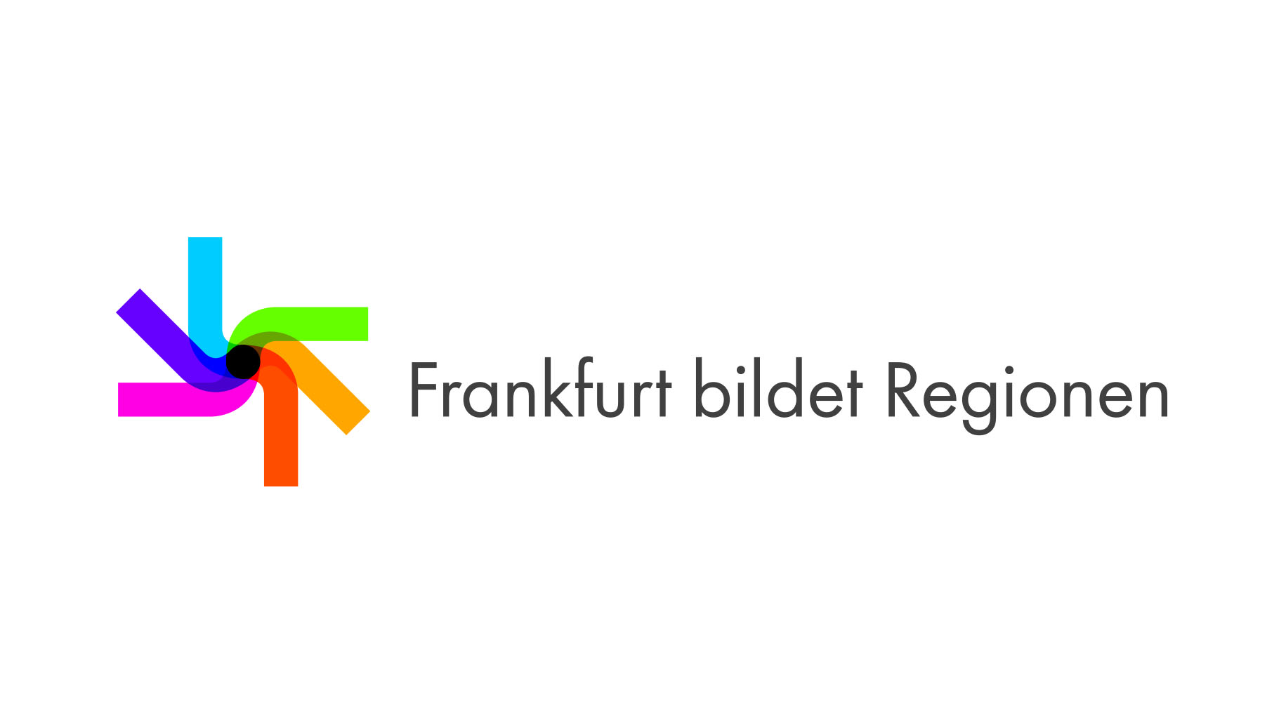 6 farbige Linien, die aus einer gemeinsamen Mitte heraus in alle Richtungen sich sternenförmig verteilen. Schriftzug Frankfurt bildet Regionen