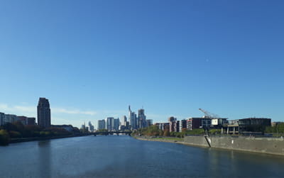 Das Bild zeigt die Skyline von Frankfurt am Main mit Blick von Osten über den Main zur Innenstadt