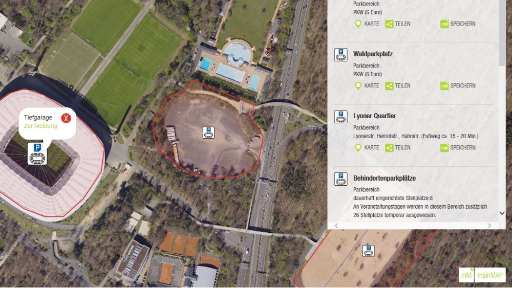 Kartenausschnitt mainMAP mit Parkmöglichkeiten nahe Commerzbank-Arena