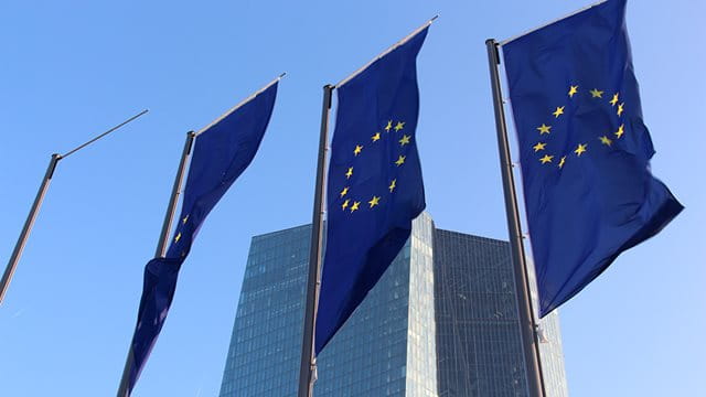 European flags in front of the European Central Bank in the Ostend district of Frankfurt, Photo: Stefan Maurer