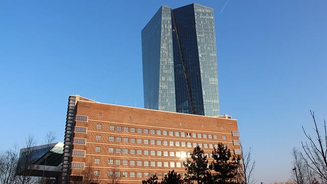 The tower of the European Central Bank with the former Großmarkthalle