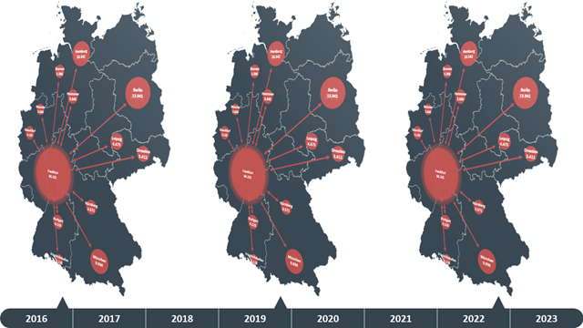 Kartografische Darstellung innerdeutsche Kurzstreckenflüge am Frankfurter Flughafen und die Anzahl an Flugbewegungen im Vergleich zwischen 2016 und 2023
