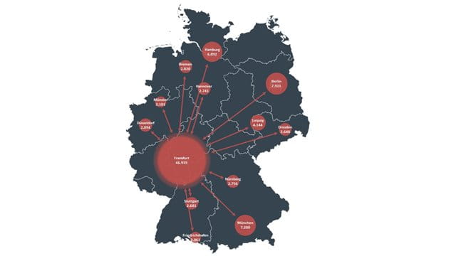 Kartografische Darstellung innerdeutsche Kurzstreckenflüge am Frankfurter Flughafen und die Anzahl an Flugbewegungen