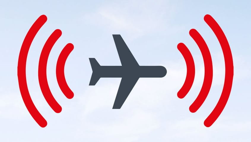 Illustration Fluglärm – Flugzeug zwischen zwei Schallwellen