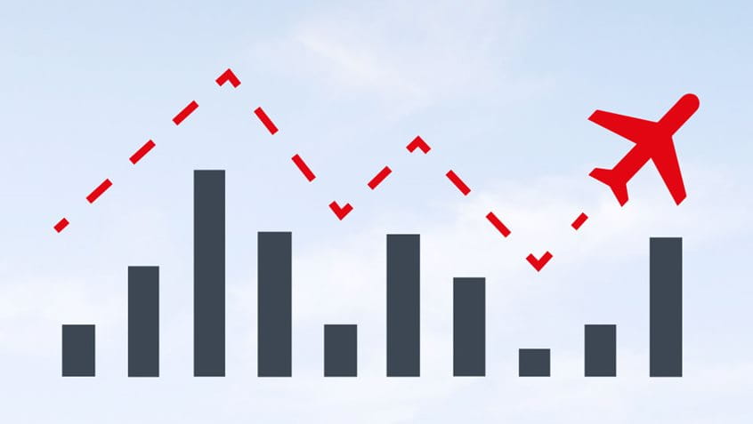 Illustration Monitoring – Flugzeug über Balkendiagramm