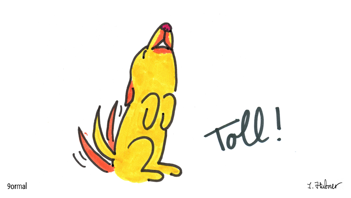 Karte zeigt gemalten, gelben Hund, der ein Mikrofon fröhlich nach oben streckt, mit dem Wort "toll".