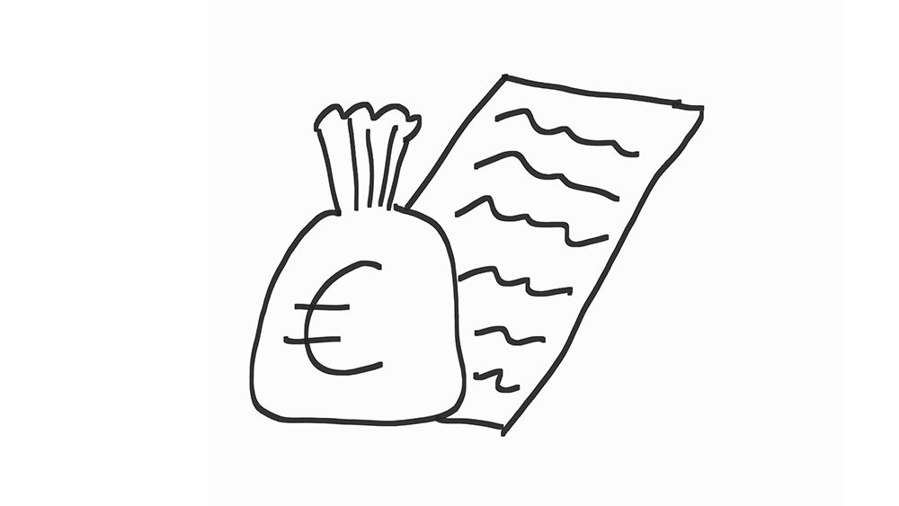 Zeichnung eines Geldsacks mit Eurozeichen und einem Formular